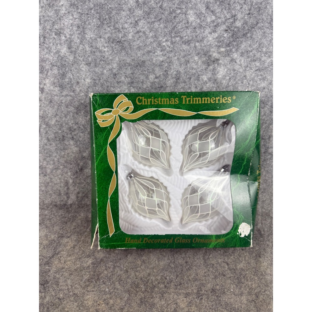 Bradford Christmas Trimmeries Glass Ornaments Set 4 White Lattice Teardrop 13424